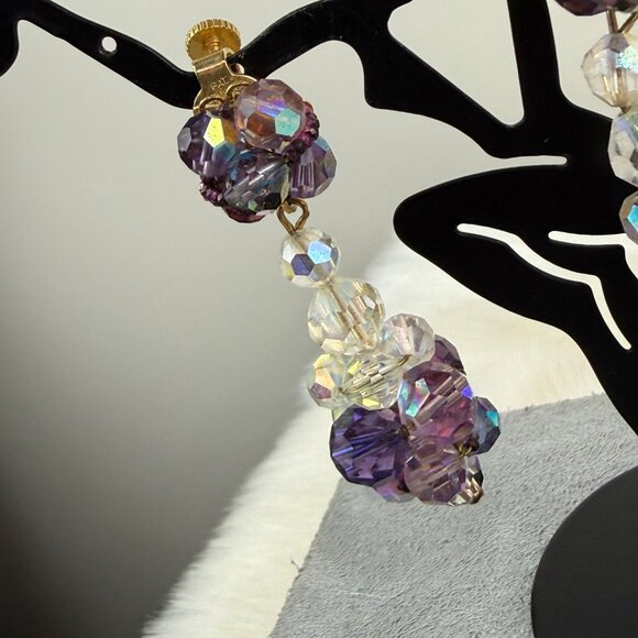Vintage Vendome Purple & Clear Glass Bead Dangle & Drop Screw/Clip Earrings Gold - Picture 4 of 16